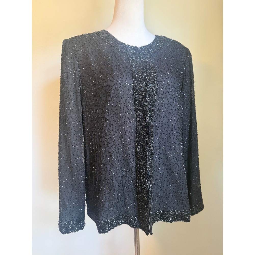 Laurence Kazar Black Beaded Silk Evening Jacket Vintage XL Formal whimsi boho